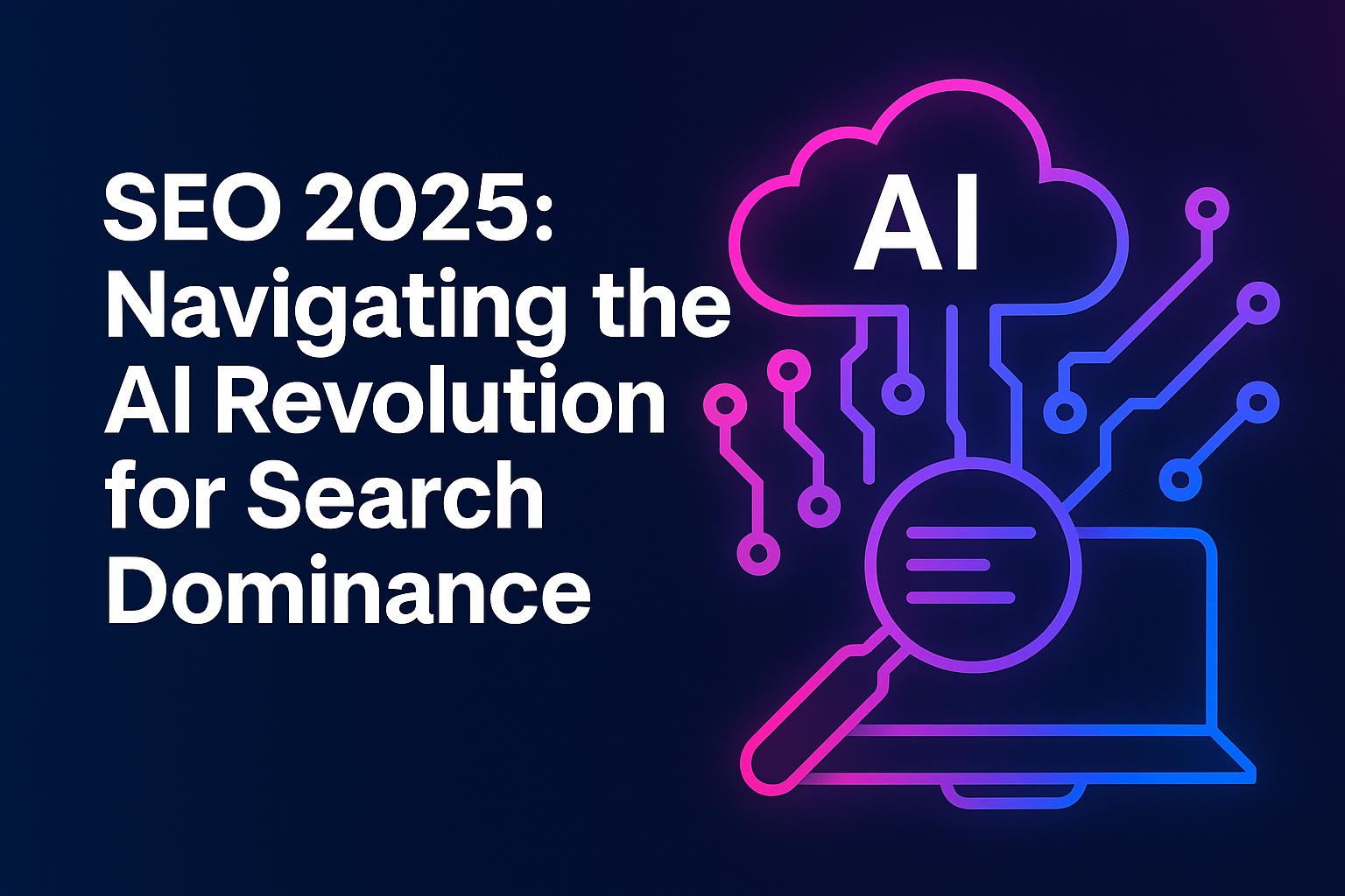 Illustration showing AI cloud connected to a magnifying glass and laptop with the title 'SEO 2025: Navigating the AI Revolution for Search Dominance'